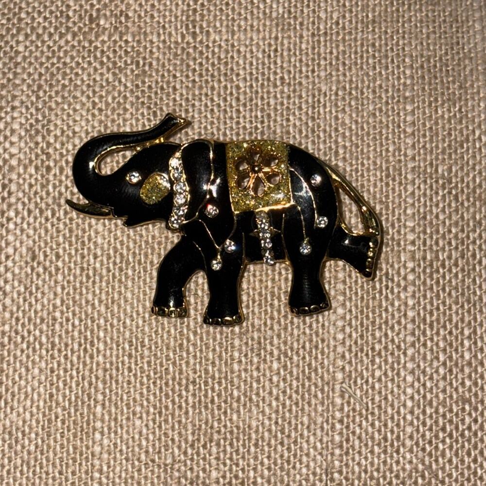 Black Enamel Elephant Brooch with Rhinestones Excellent Condition